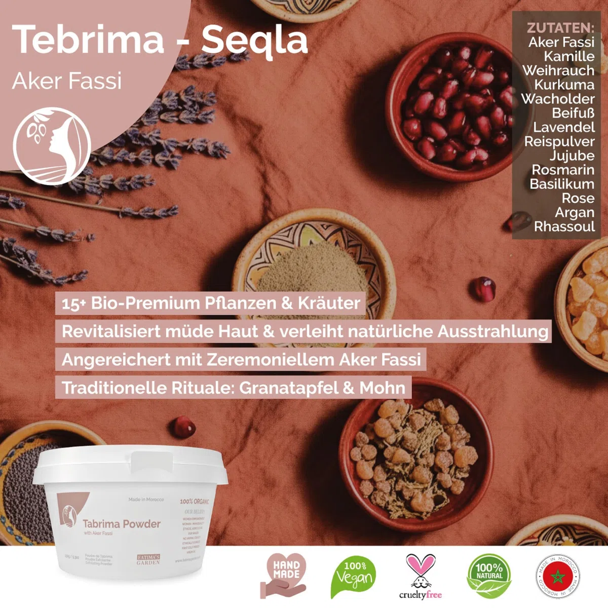 Fatima's Garden Tebrima/Soqla Hammam Marokkanisches Peeling mit Aker Fassi Natürlich Revitalisierend 500g