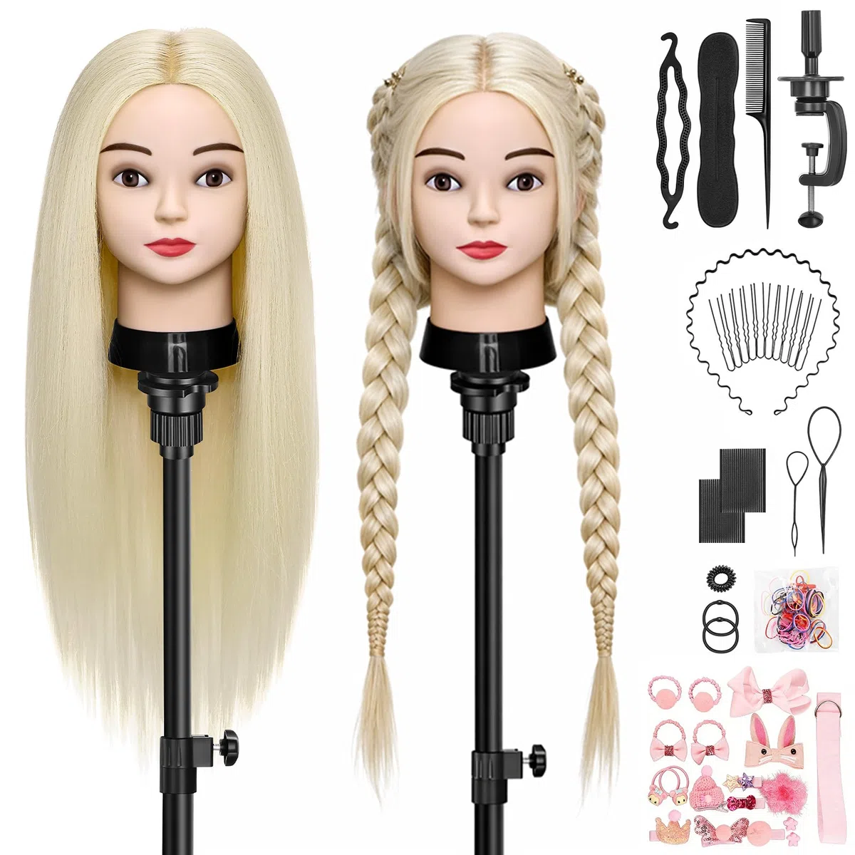 TwoWin Trainingsköpfe 80% Echtes Haar Blond Friseur Training Modell Mannequin Kopf mit Halterung Styling Glätten Locken Dauerwelle