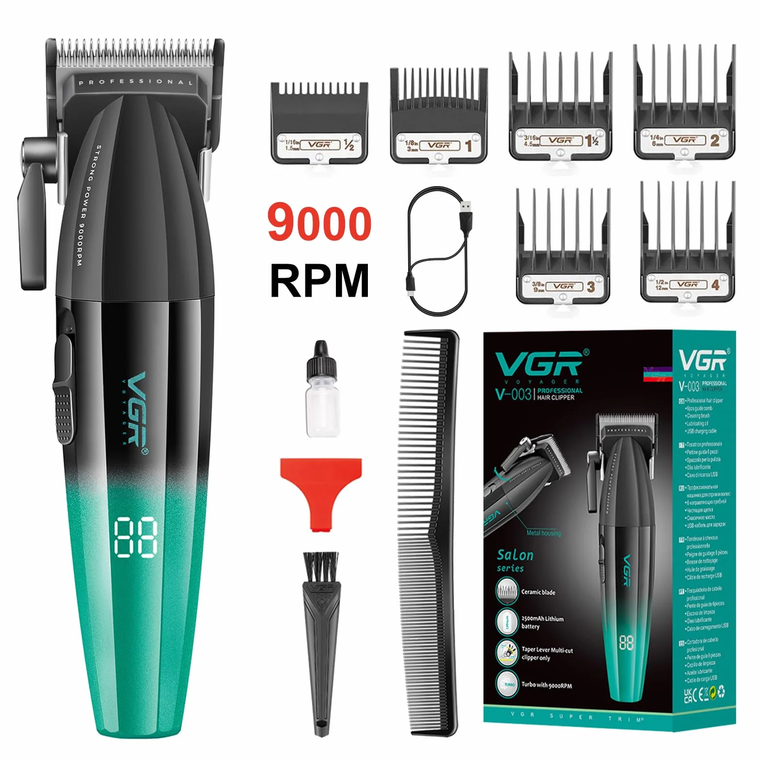 Vgr 003 Fresh Fade Haarschneidemaschine Professionelle Haarschneidemaschine Schnur/Kabellos Wiederaufladbare Haarschneidewerkzeuge mit LED-Anzeige, Geschenk für Männer