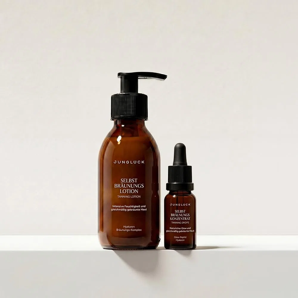 JUNGLÜCK Care & Tan Kombi – Selbstbräunungslotion 130ml + Selbstbräunungskonzentrat 15ml – mit DHA, Erythrulose, Hyaluronsäure & Squalan – natürliche Bräune ohne UV von Kopf bis Fuß