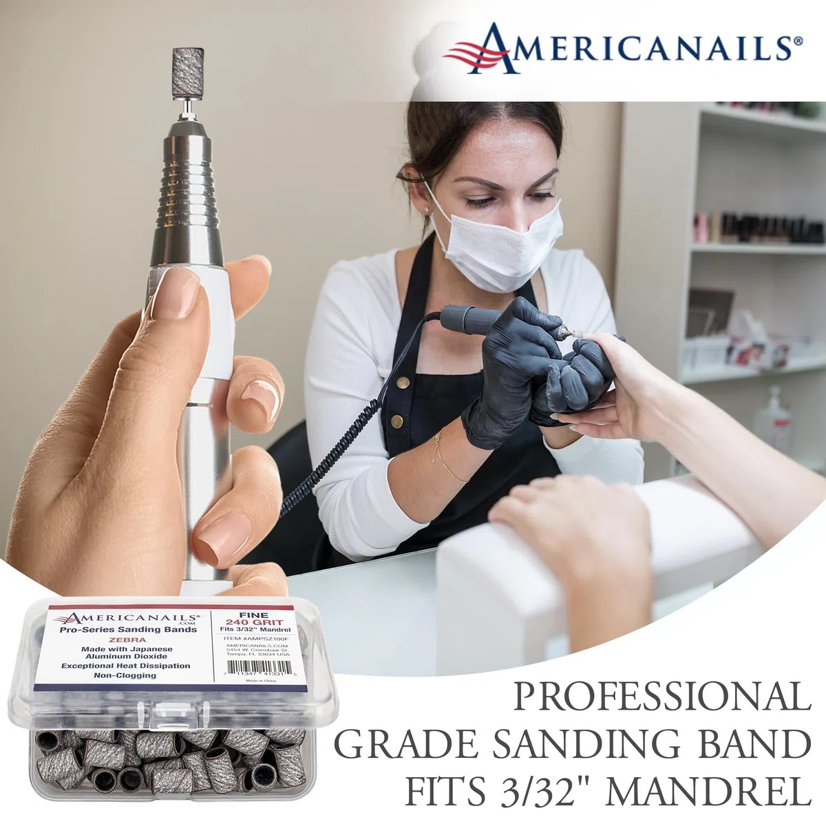 Americanails Pro-Serie Zebra Professionelle Schleifbänder für Acryl-Nagelfeilen-Bohrer, E-File Schleifbohrer-Set, Nagelpolitur und Feilen Werkzeuge – 100 Stück, feine Körnung 240