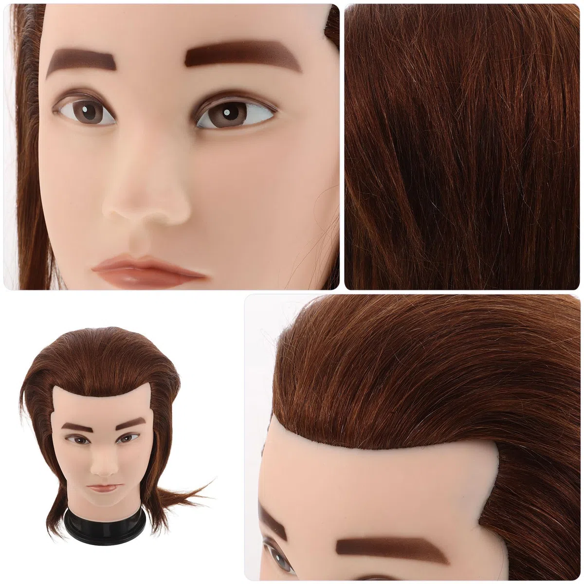 Housoutil Übungskopf mit Echthaar für Friseurübungen Braun 25cm Männlicher Haar Stylingkopf für Bartpflege und Kosmetikschulung Herrenfrisur Tutorial