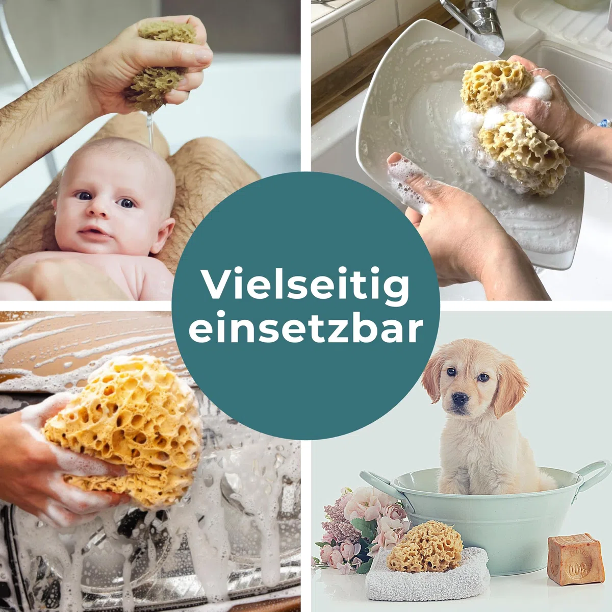 tom&pat® Naturschwamm Duschschwamm Badeschwamm mit Kordel & Glasanhänger Peeling-Effekt ungebleicht 15-16 cm