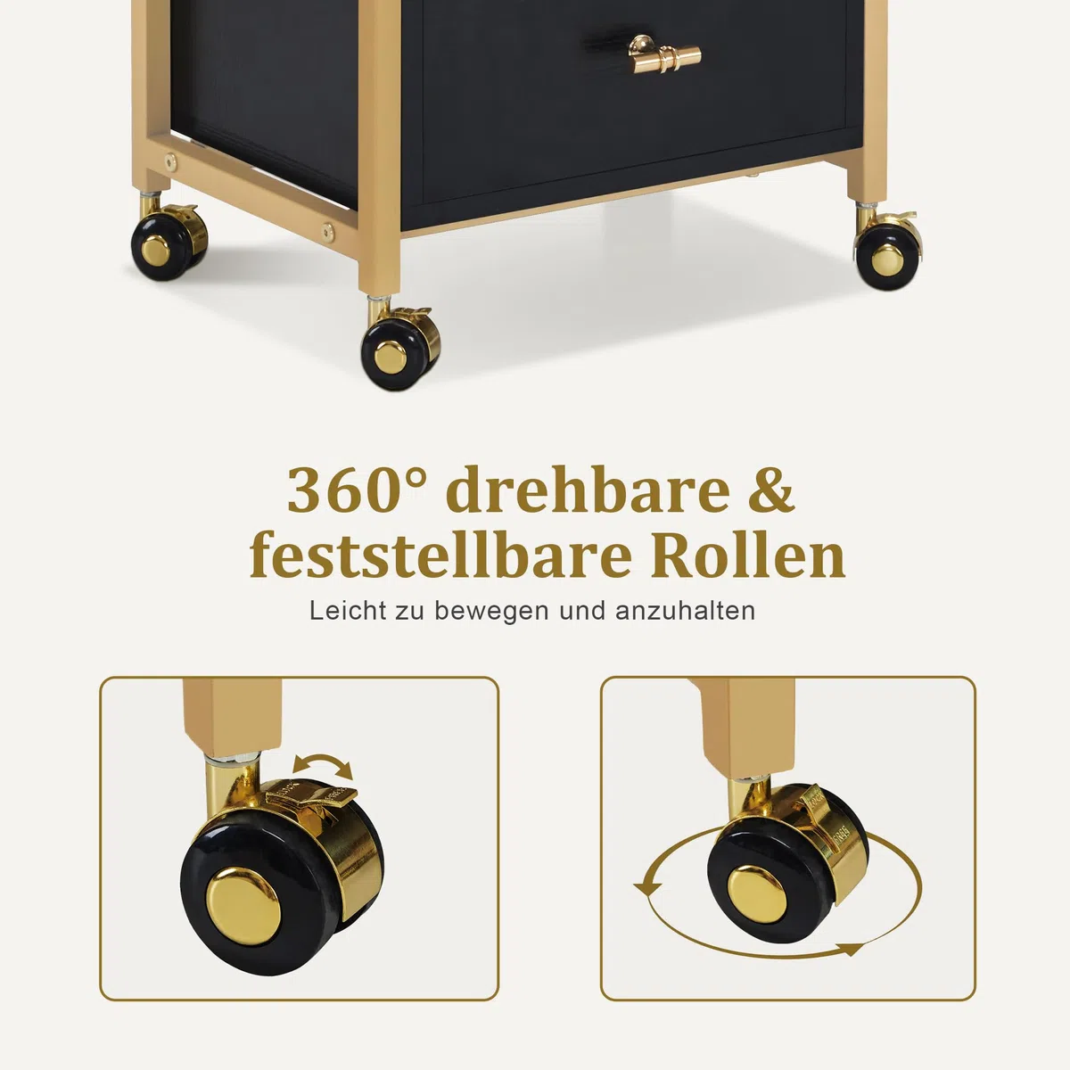 M MCombo Friseurwagen mit Rollen & 3 Schubladen, Rollwagen Servierwagen, Salon Trolley, 30x40x95cm, Schwarz-Gold