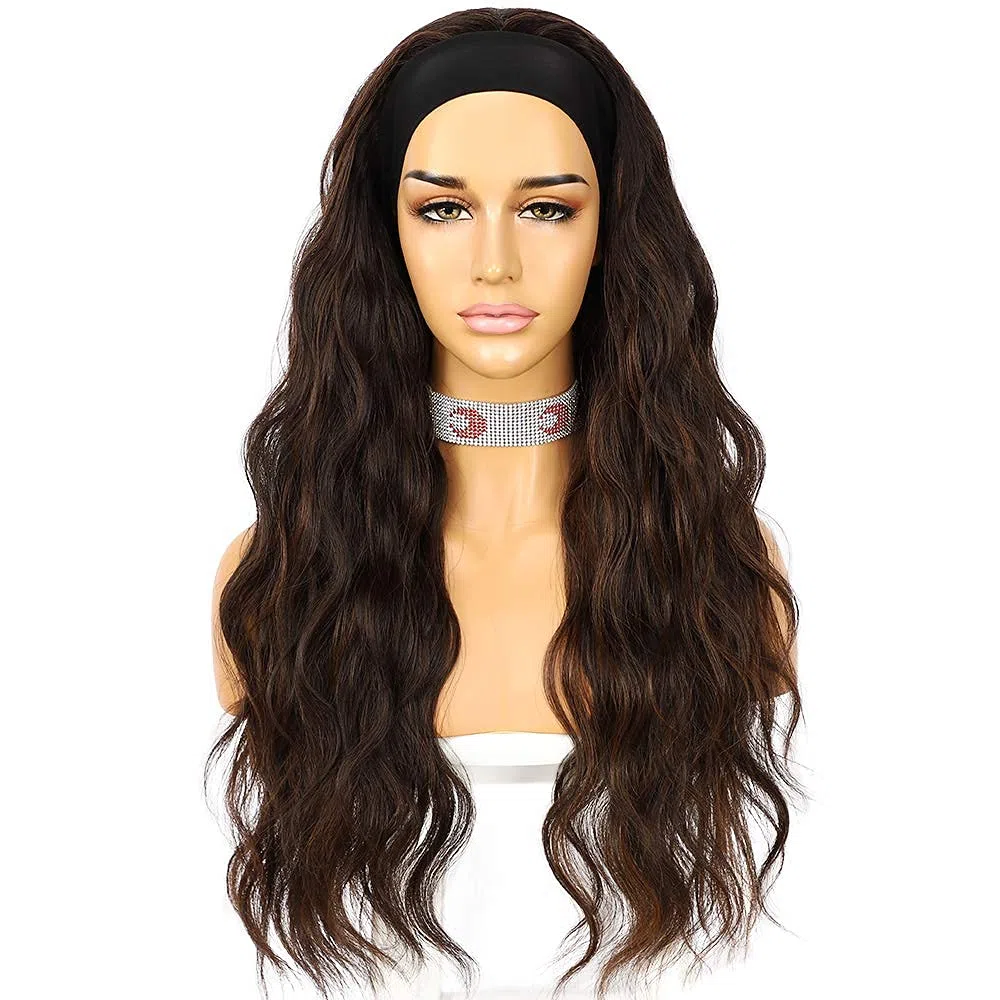 Sapphirewigs Body Wave Stirnband Perücke synthetische lange wellige braun 150% Dichte 26 inch