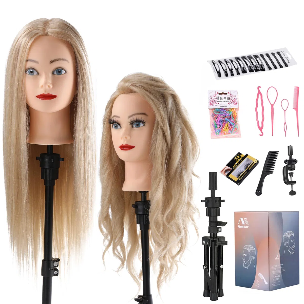 Frisierkopf mit Übungskopf Ständer 70% Echthaar Puppenkopf zum Frisieren Trainingsköpfe für Friseure Ausbildung Kopf mit Tischklemme, DIY Haarflecht Set (Blond)
