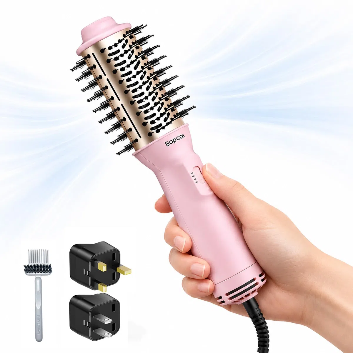 Bopcal Mini Warmluftbürste 4-in-1 Ionen Föhnbürste Heißluftbürste für Volumen & Glatte Haare, Anti-Frizz Rundbürstenföhn, Tragbar mit Dualspannung für Reisen, 3 Temperaturstufen, SM-6129 101