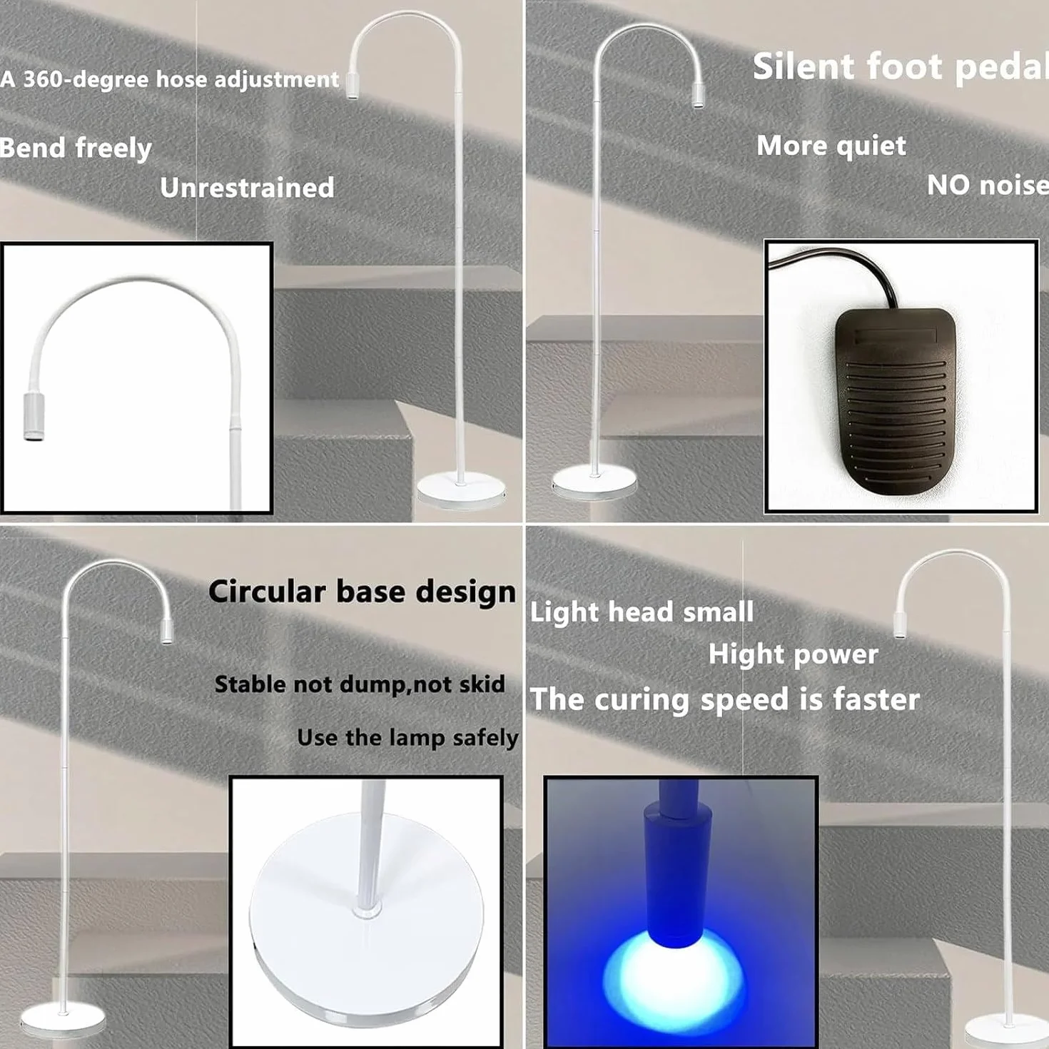 UV-Licht für lichthärtenden UV-Wimpernverlängerungskleber, UV-LED-Wimpernverlängerungslicht + Augenklappe + Schutzbrille + Fußschalter,Einstellbare Punktgröße,10 W flexibler Schwanenhals,White