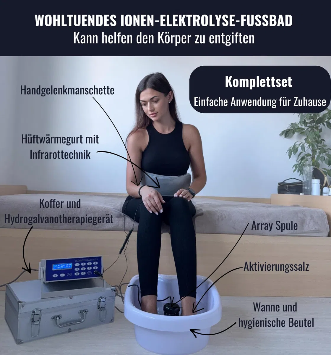 Ionen Fußbad DELUXE Set im Alu-Koffer – Ion Cleanser Elektrolysegerät mit LCD-Display, 3 Ion-Arrays, Infrarot-Hüftgurt, Fußwanne & Aktivierungssalz | Hydro-galvanisches Detox-Set | CHI-ENTERPRISE