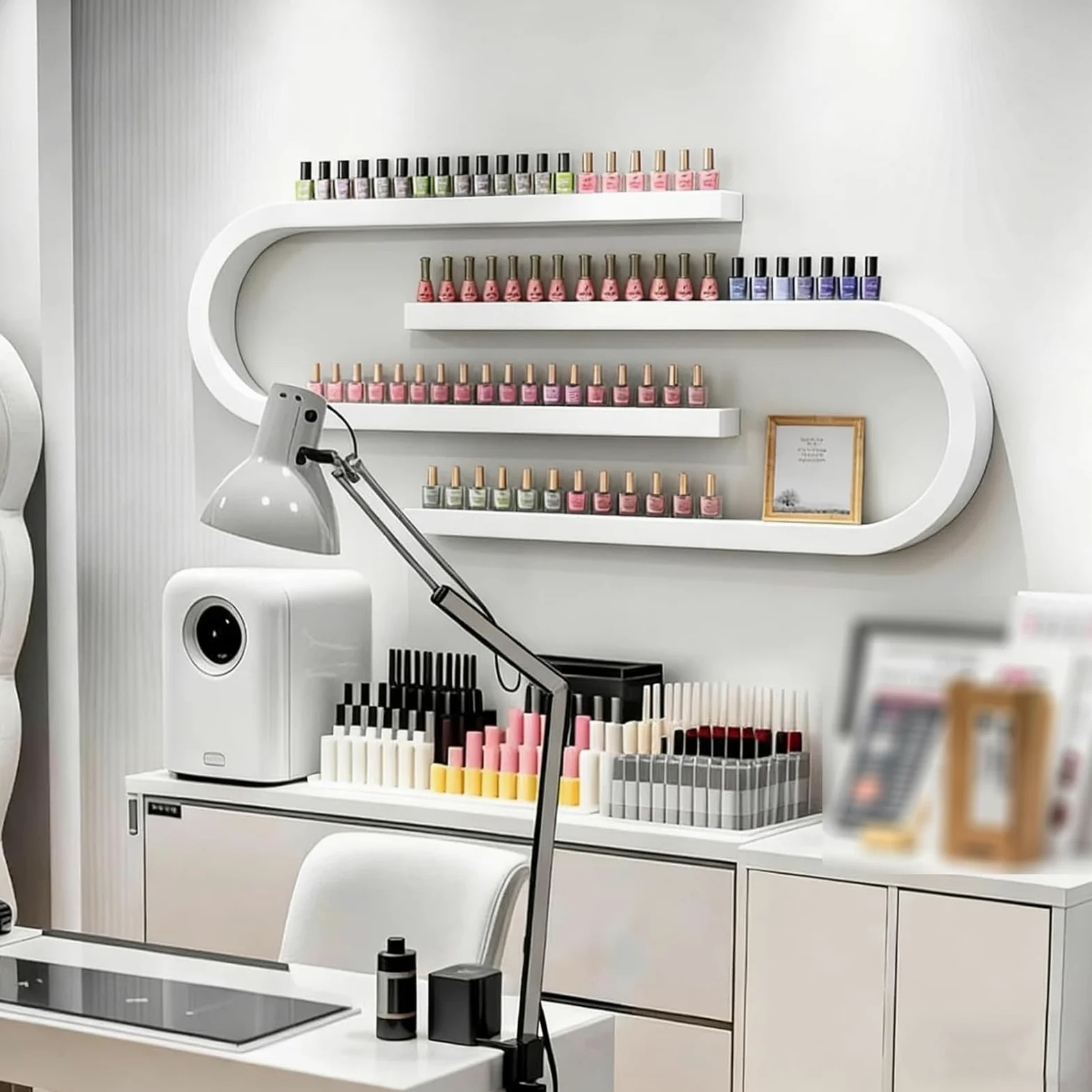Generisch U-förmiges Nagellack-Wandregal aus Metall für Öle und Kosmetik | Zweischichtige Einbrennlackierung, vorgebohrte Schraublöcher,