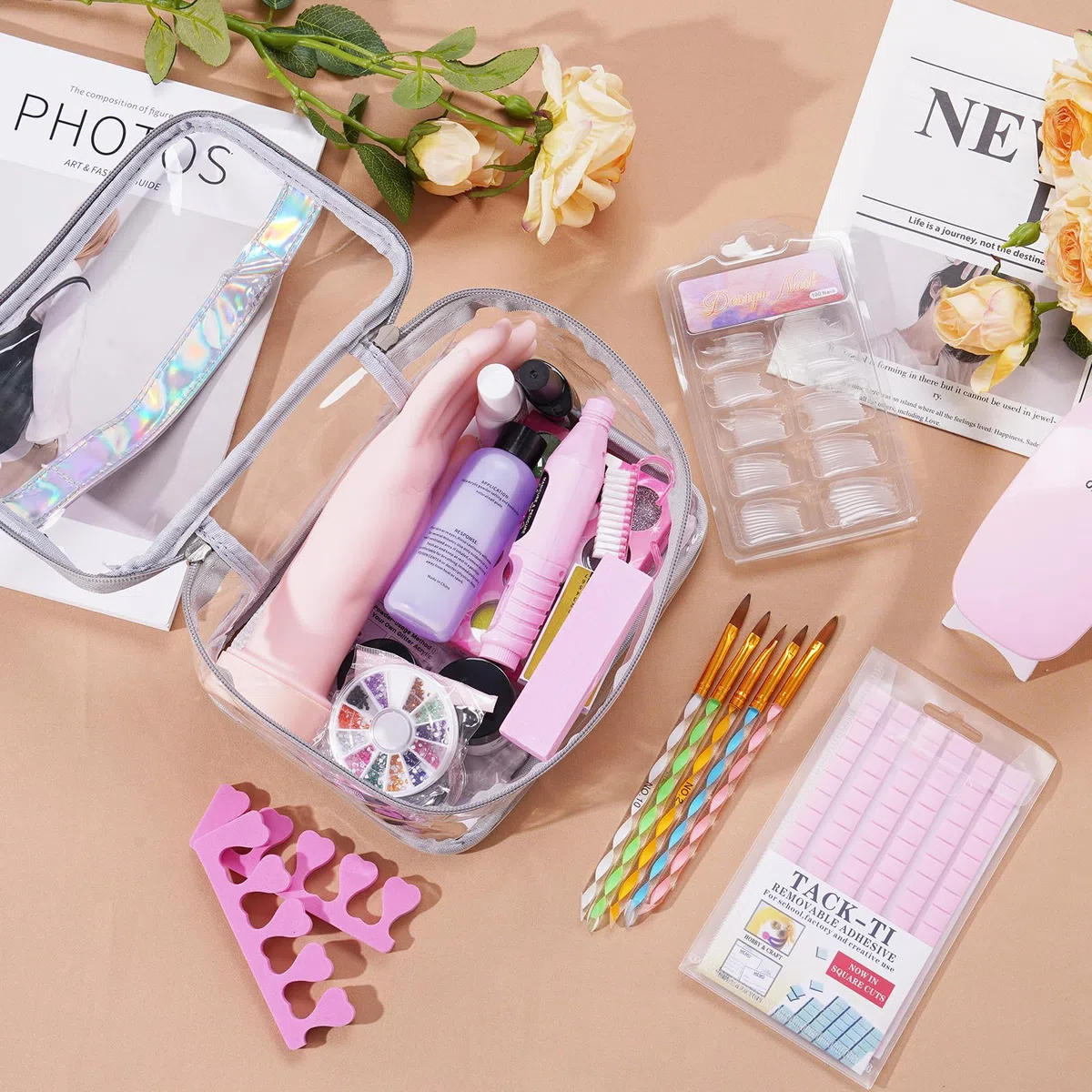 Yokilly Acryl Nagelset Starterset für Anfänger: Acryl Pulver Nails Nägel Starterset mit Acrylpulver für Nägel Übungshand UV Lampe Nagelfräser - Nägel Selber Machen Nagelstudio Set