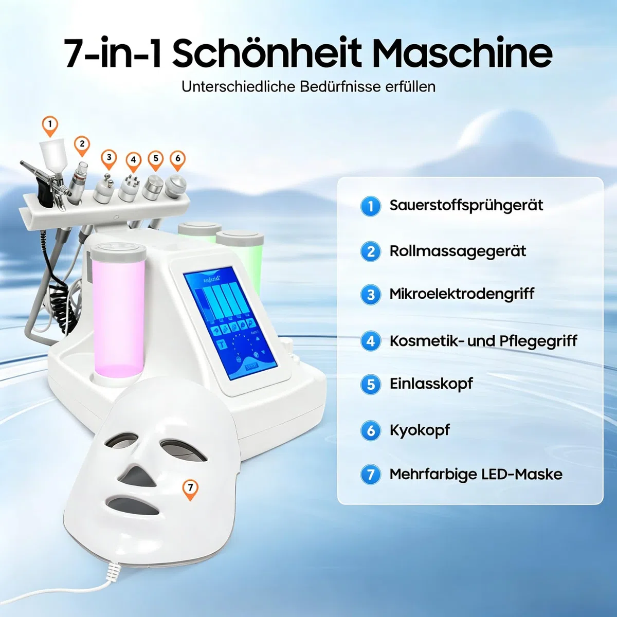 7-in-1 Hydro Dermabrasion Gerät mit LED-Maske, Weiß | 26W, LED-Touchdisplay, 4 Saugmodi, 6 Aufsätze, RF-, Ultraschall-, Kühl- und Mikrosonde, Salon & Zuhause