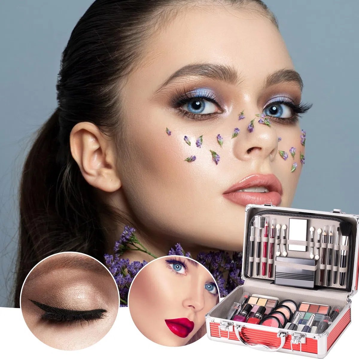 Komplettes Gesichts-Make-up-Set für Anfänger, Starter-Set mit Etui – | Lidschatten, Rouge, Augenbrauenstift, Lippenstift, Nagellack