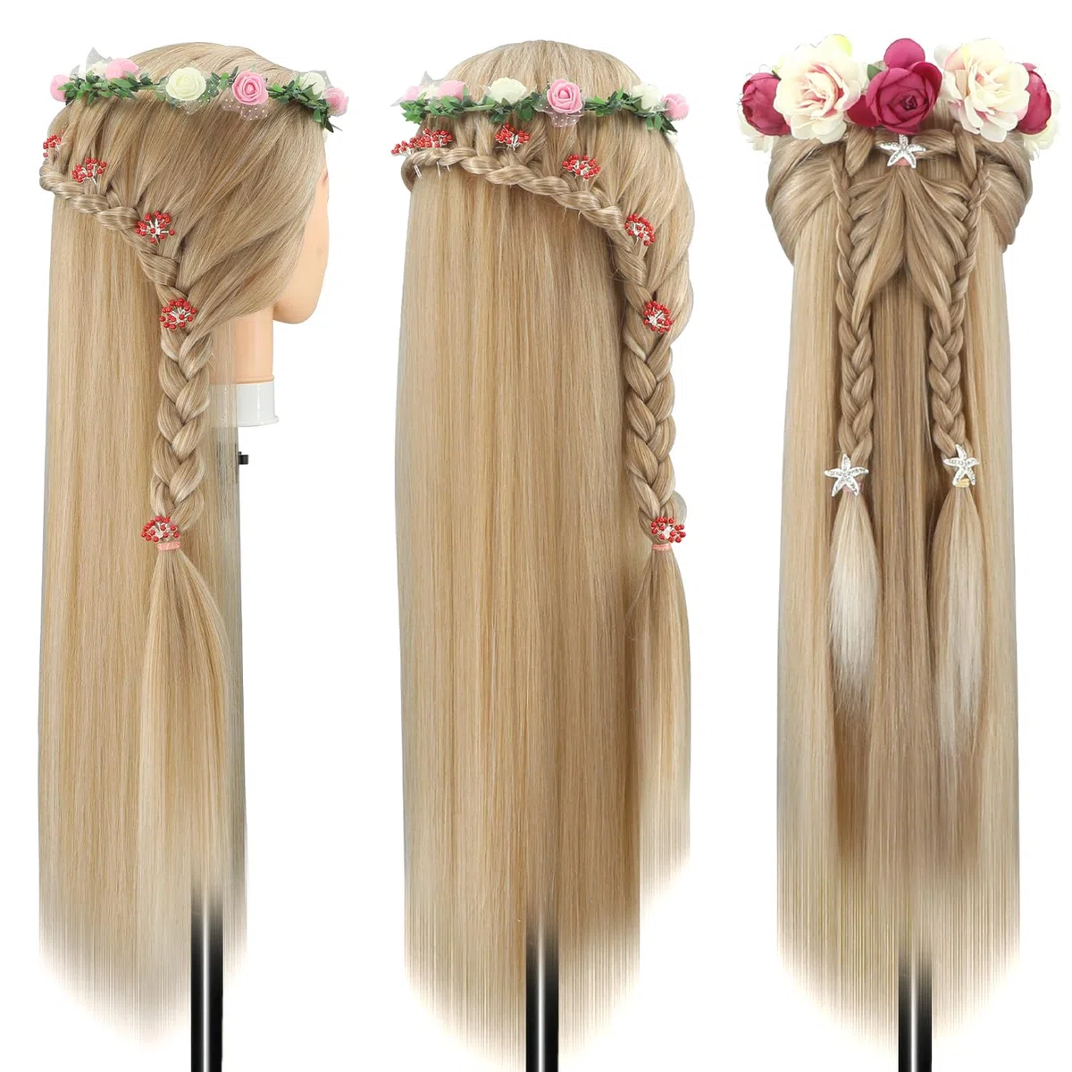 Trainingsköpfe, 28 inch Übungskopf Frisierkopf Friseur 100% Synthetikfaser-Haar Styling Kopf Frisierkopf für Frisöre mit kostenloser Klemme und DIY Flechtset (Hellbraun)