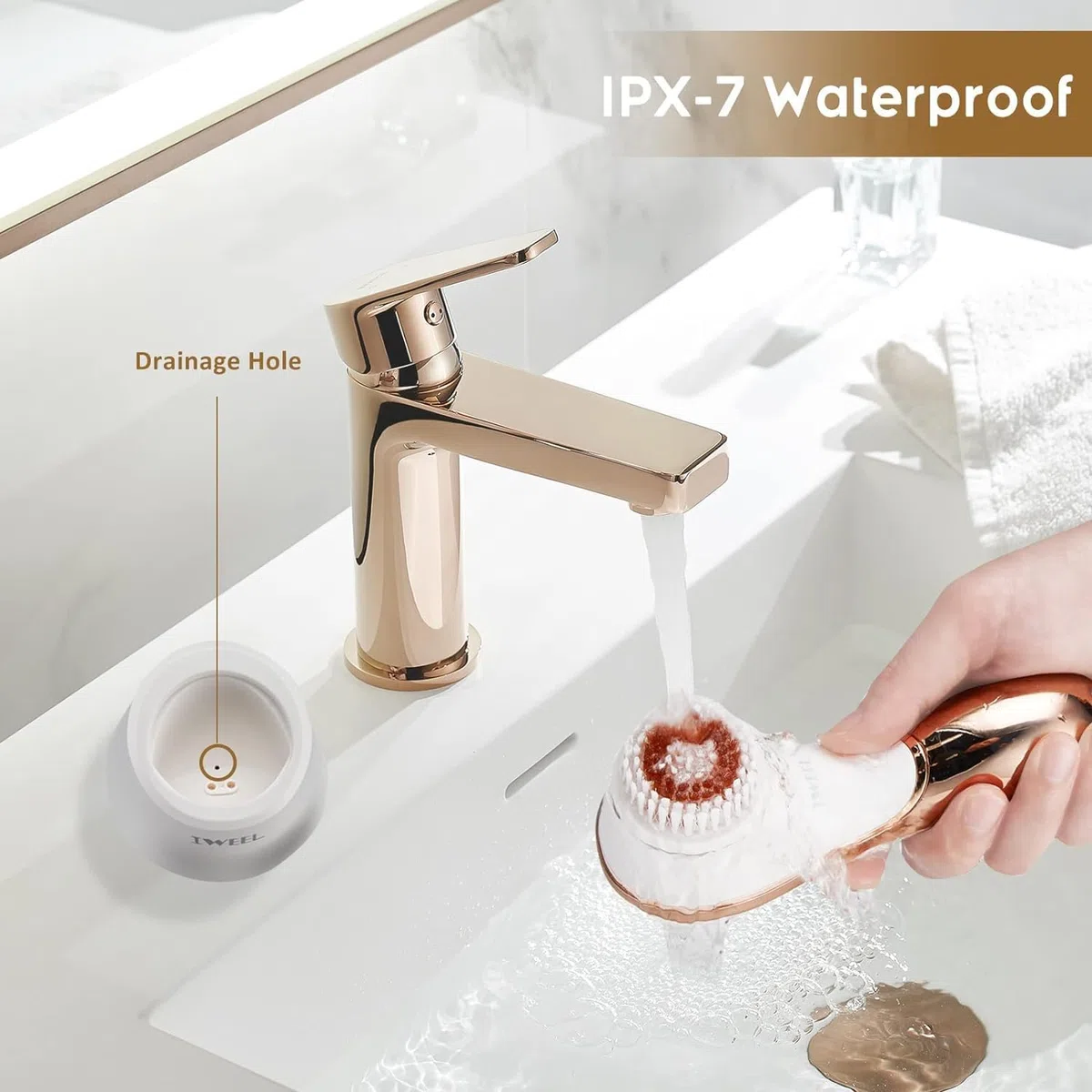 Elektrischer Gesichtsbürsten-Schrubber, wiederaufladbar, IPX-7, wasserdicht, Gesichtspeeling mit 4 Bürstenköpfen für Tiefenreinigung, Massage und rotierende Spa-Reinigung | IPX-7 Wasserdichtes, wiederaufladbares Gesichtspeeling, Massage und Tiefenreinigun