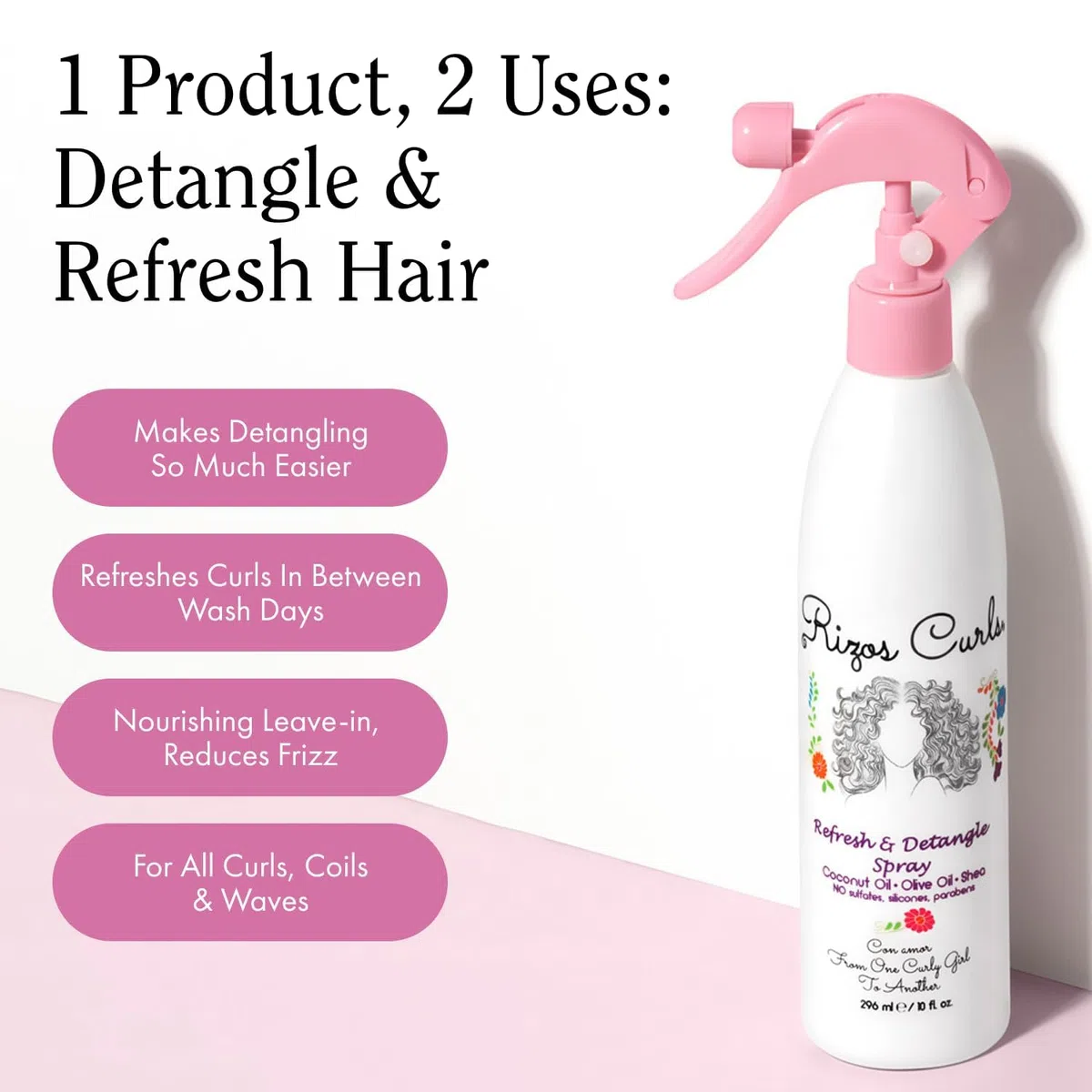 Rizos Curls Reise-Spray, feuchtigkeitsspendend ohne Ausspülen, reduziert Frizz, Glanz und Definition mit Kokosöl, Aloe Vera