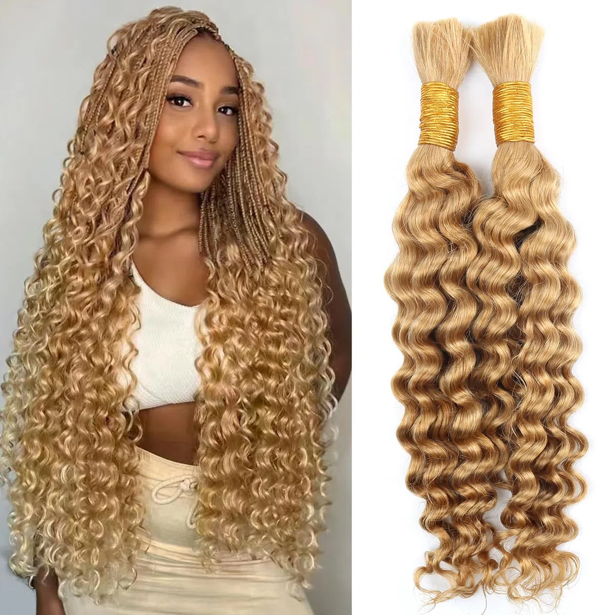 Lockiges Echthaar für Boho-Zöpfe 100g 45cm 2 Bündel Human Braiding Hair for Boho Braids Deep Wave Bulk Boho Hair for Braiding Knotless No Weft Bundles 18 Zoll Honey Blonde #27