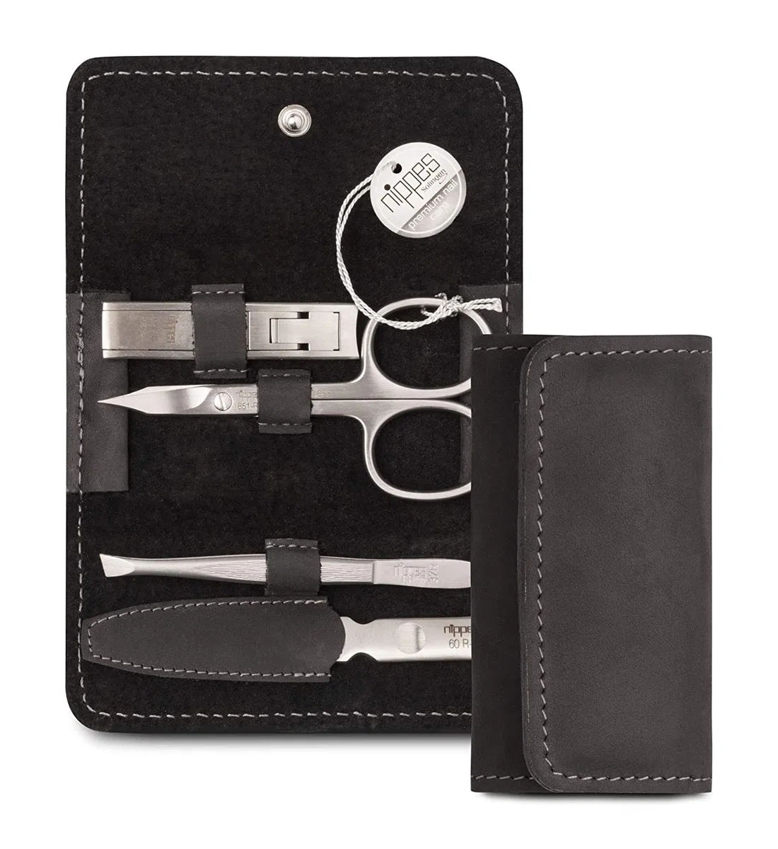 nippes Solingen Premium Line Maniküre Set Tabard, 4-teilig, Schwarz, Edelstahl nickel- & rostfrei, Rindsleder-Nageletui, Nagelpflege Set, Made in Germany | rostfrei, nickelfrei, handgefertigt, Made in Germany, Nagelknipser, Saphirfeile, Pinzette, Nagelhau