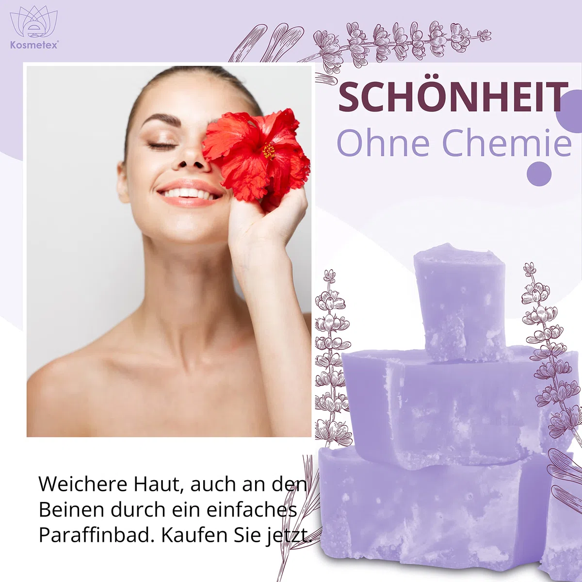 Kosmetex Wellness-Paraffinbad Lavender Lavendel – Paraffin-Entspannungsbad für Hände und Füße – Paraffinwachs – Paraffin-Block für Wachserwärmer (4x 500ml)
