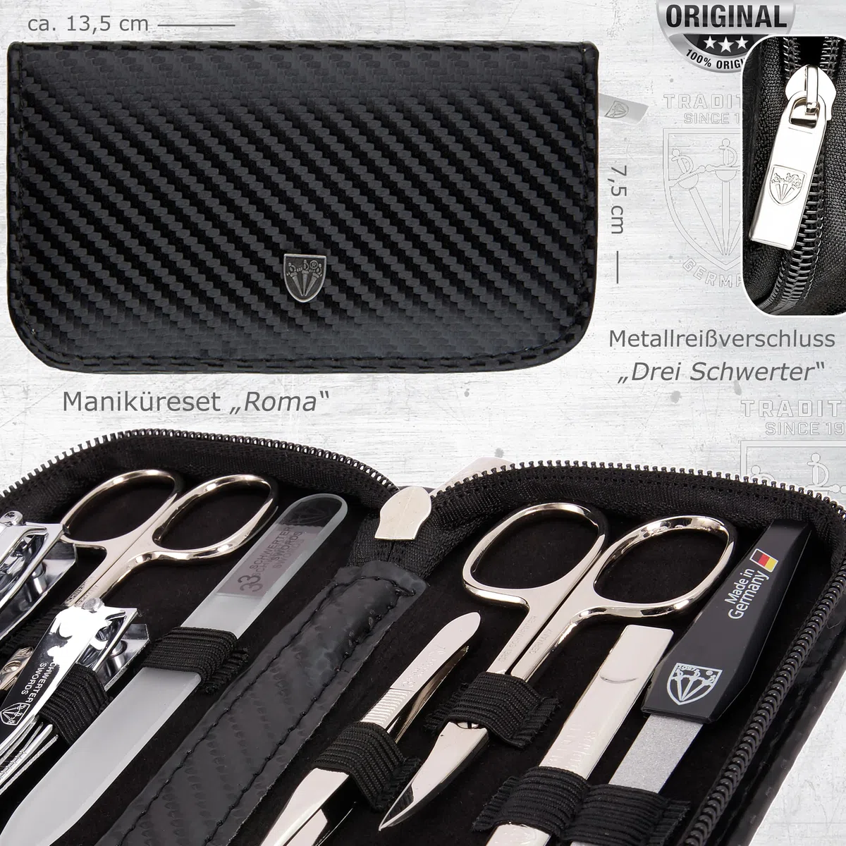 DREI SCHWERTER - Maniküreset 'Roma' - Nageletui mit 8 Instrumenten: Nagelschere, Hautschere, Fuß/Finger-Nagelknipser, Nagelreiniger, Pinzette, Glasnagelfeile, Saphirnagelfeile - carbon/schwarz