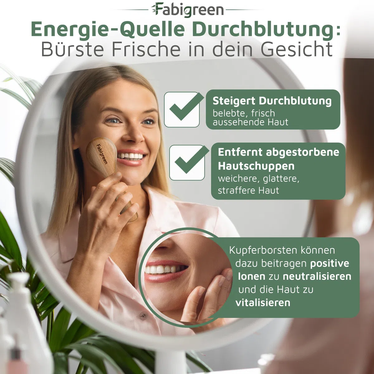 Gesichtsbürste Kupfer Original [MADE IN GERMANY] Peeling Trockenbürste Gesicht inkl. E-Book mit Face Yoga & Anwendungstipps Ionic face dry brush Klosterbürste FSC Buchenholz& plastikfrei