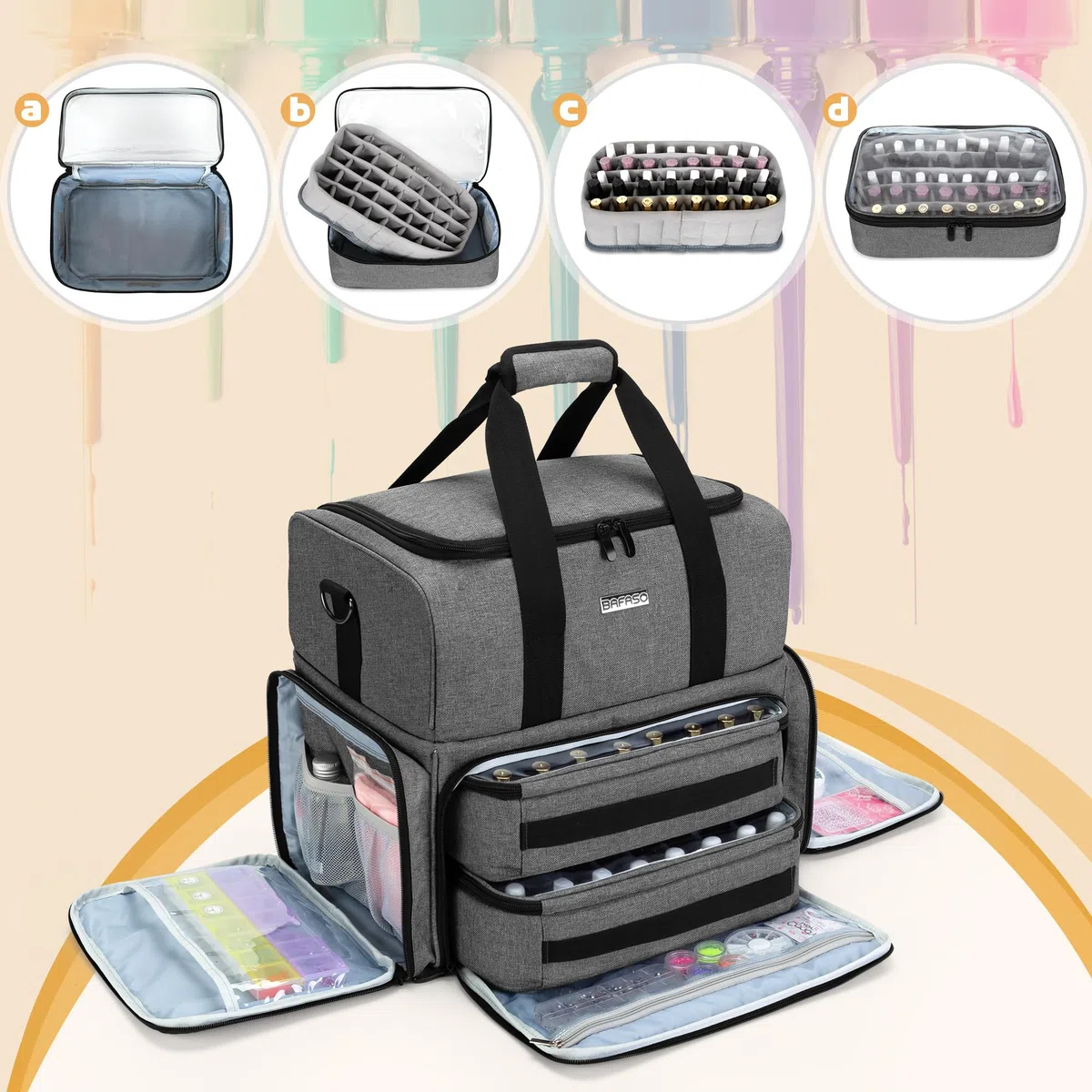 BAFASO Nagellack Aufbewahrung Tasche, Nagellack Tasche Groß Organizer | Kosmetiktasche für 80 Flaschen Nagellack (BIS ZU 15 ML), Nageltrockner und Nagellack Zubehör Set, Grau