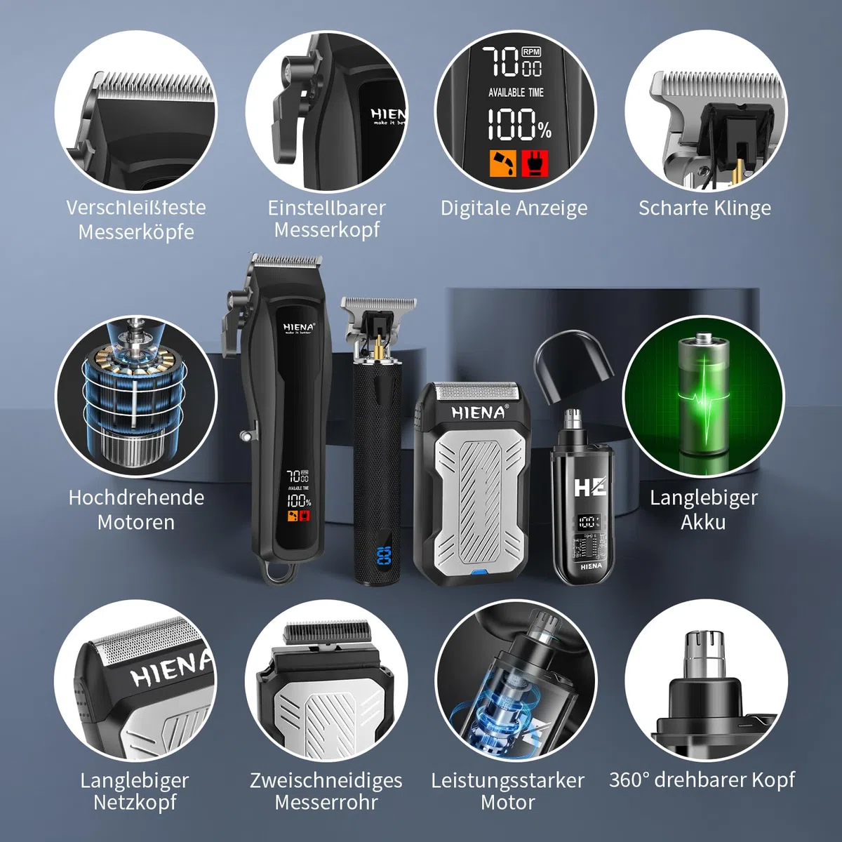 HIENA PRO Professionelle Haarschneidemaschine Herren, komplettes Barber Kit,Bartschneider, Aluminiumfolienrasierer und Nasenhaarschneidemaschine