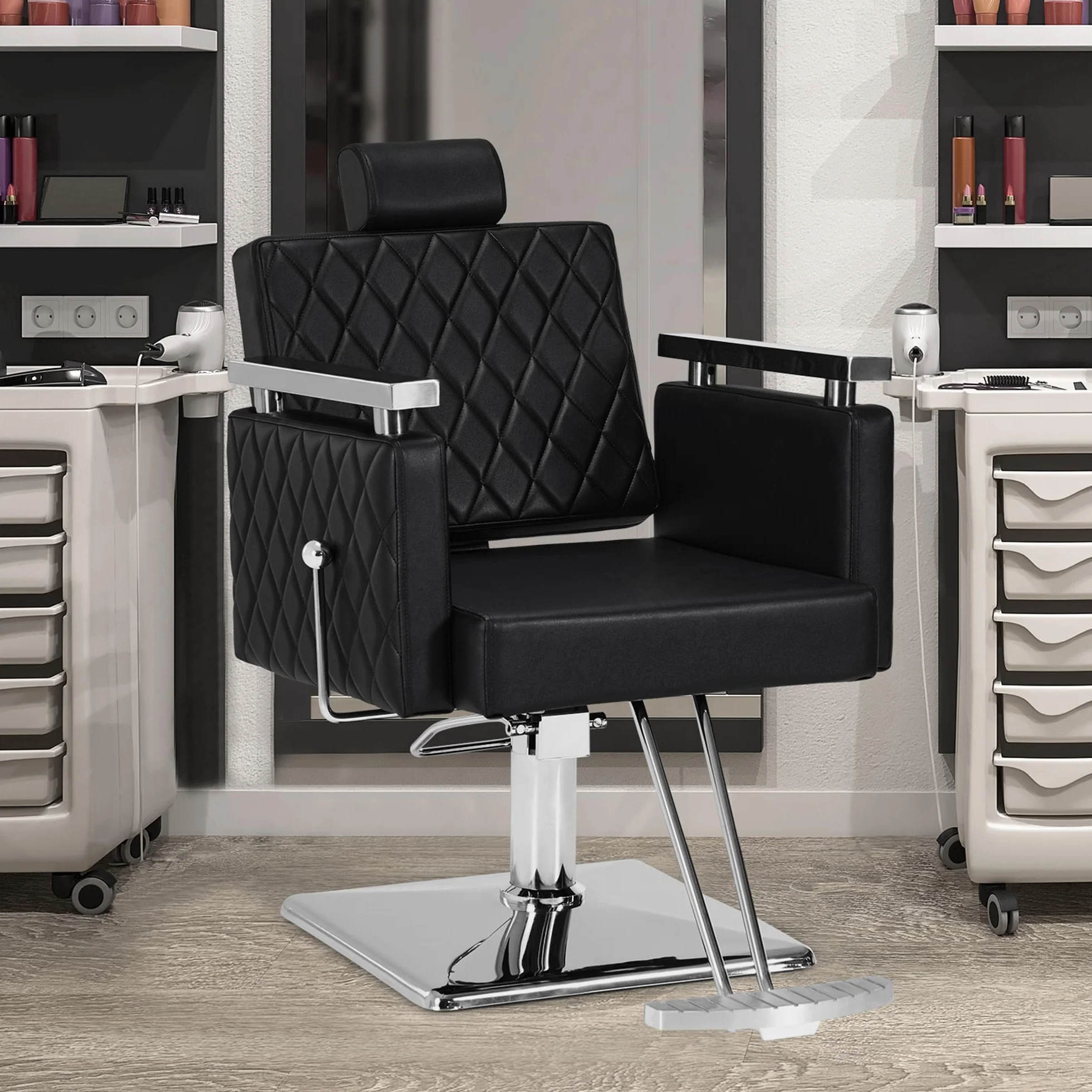 Barberpub Friseurstuhl mit Kopfstütze Kippbar Hydraulikpumpe 360° Drehbar Höhenverstellbar PVC Kunstleder Schwarz