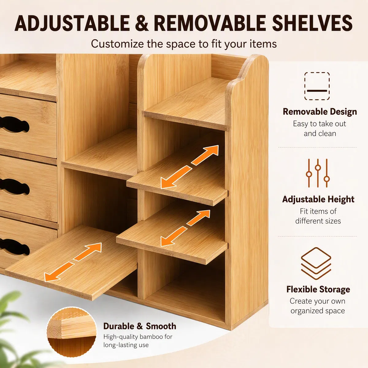 Coloch Make-up-Organizer aus Bambus mit Schubladen, multifunktionale Kommode, Make-up-Aufbewahrung, Tisch-Organizer, Regal für Schreibtisch, Hautpflege, Kosmetik-Display, Schreibwaren-Aufbewahrung