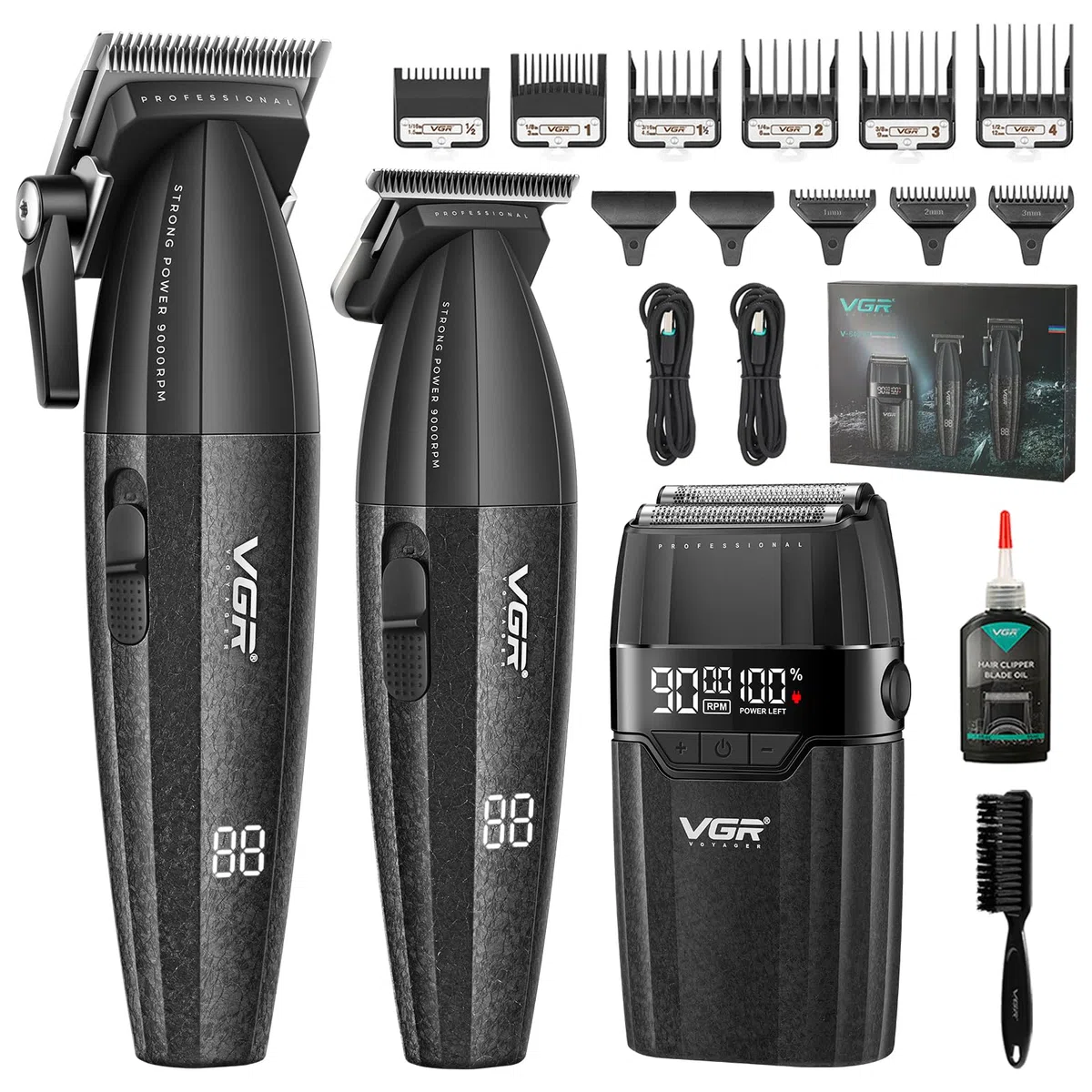 VGR 640 S3 3 IN 1 Haarschneidemaschine für Herren, Profi Haarschneider Haartrimmer und Folienrasierer Set, Kabellose Friseur Set mit LED-Anzeige für den Friseur- und Heimgebrauch, Schwarz