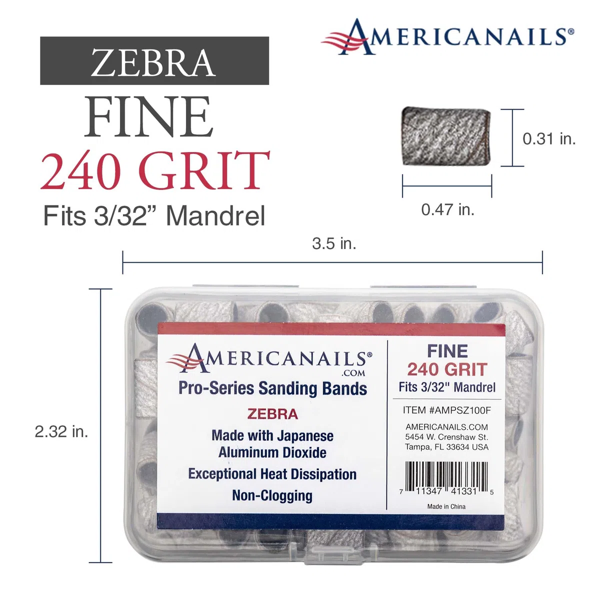 Americanails Pro-Serie Zebra Professionelle Schleifbänder für Acryl-Nagelfeilen-Bohrer, E-File Schleifbohrer-Set, Nagelpolitur und Feilen Werkzeuge – 100 Stück, feine Körnung 240