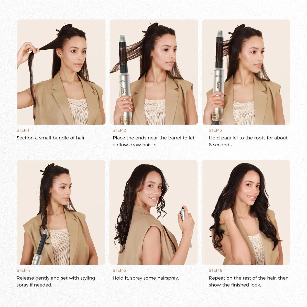 UKLISS 5 in 1 Hairstyler - Airstyler Pro Hair Styler Set 1000w Haarstyler | Rundföhnbürste zum Trocknen und Stylen mit Air Curler, Föhnbürste, Warmluftbürste, Haartrockner, Glättbürste - Silber Gold