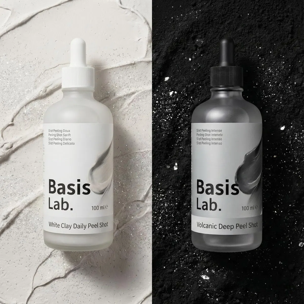 Peel Shot - Vulkan & Weisser Ton - Sanfte Porenreinigung & Tiefenpflege mit Centella & Hyaluron - Gegen Mitesser - 100ml (1x Vulkanerde + 1x Französische Tonerde, 1+1 Duo Basis Lab)