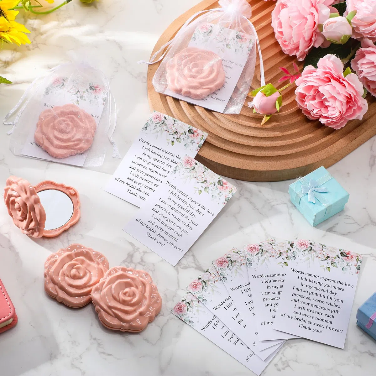 FoldTier 30 Sets Brautparty-Gastgeschenke für Gäste, kleine Rose, Kompaktspiegel, Großpackung, Hochzeitsgeschenke, Dankeskarten und Organza-Beutel, Hochzeitsfeier, Gäste, Souvenir, Geschenk (rosa