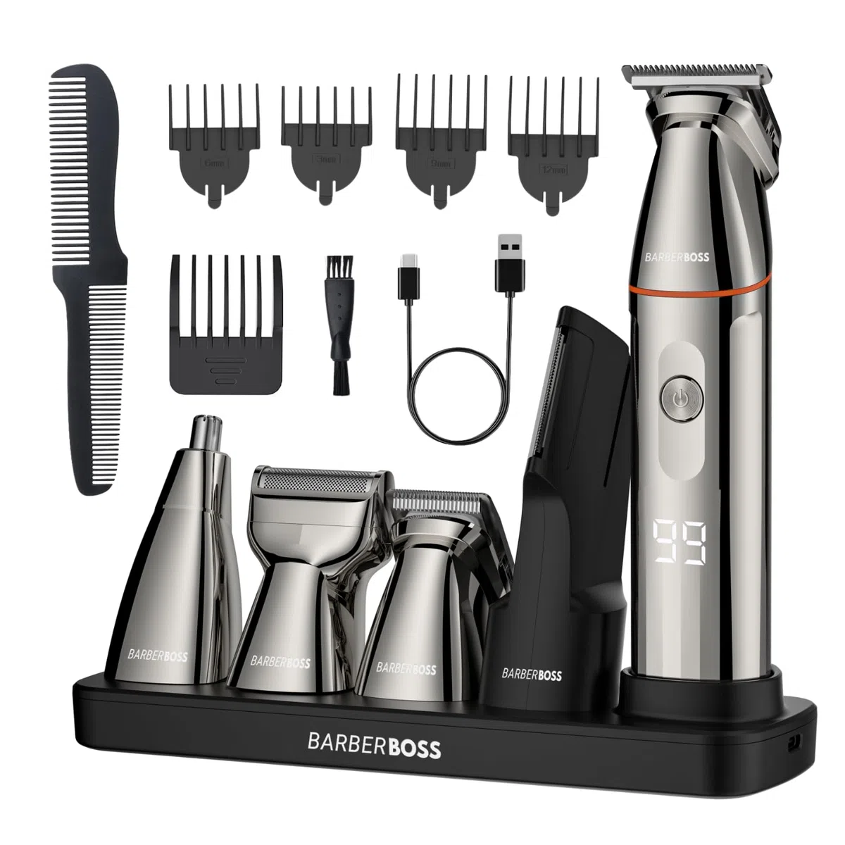 BarberBoss rasierer herren elektrisch, bartschneider herren, 5-in-1 Pflegeset für Männer, Haarschneidemaschine, Bartschneider-Set, Detailrasierer, Präzisionstrimmer für Nase, Ohren & Körper, QR-6010