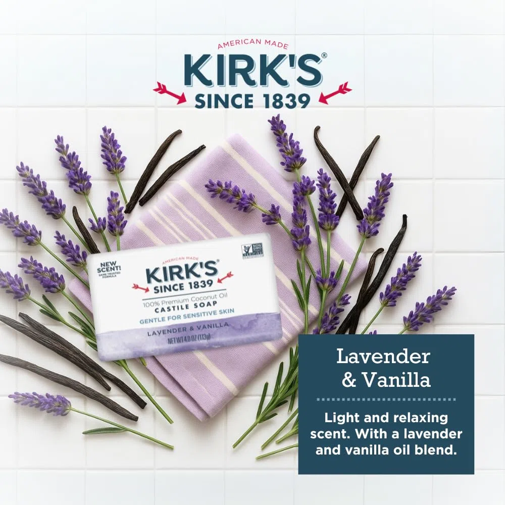 Kirk's Kastilienseife in Bar für Männer, Frauen und Kinder: Hergestellt mit Premium-Kokosöl-Formel für empfindliche vegane Haut, gentechnikfrei, Lavendel- und Vanilleriegel, 113 g