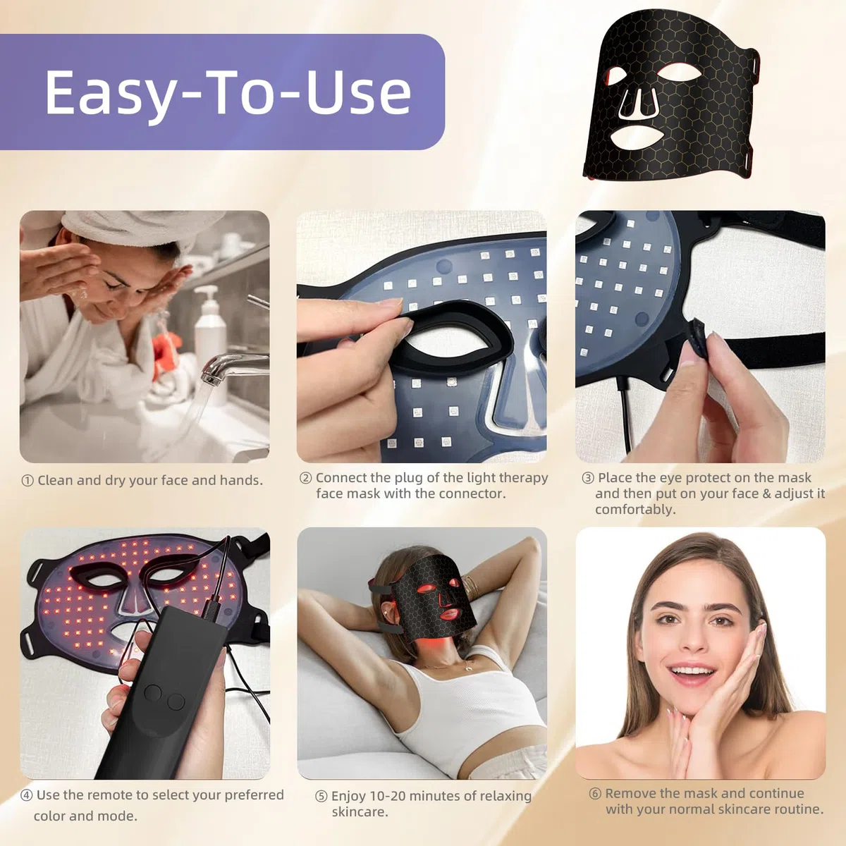 LED Maske Gesicht – LED Gesichtsmaske Lichttherapie mit 7 Modi, Red Light Therapy Face Mask 7 Funktion Mit Controller, Aufladbar Rotlicht Maske Gesicht für Anti-Aging (Schwarz)