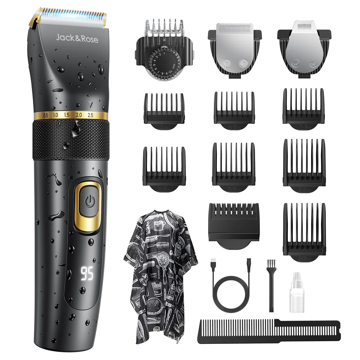 Jack&Rose 3-in-1 Haarschneidemaschine Profi Haarschneider Barttrimmer Kabellos Keramikklinge IPX6 Wasserdicht Wiederaufladbar USB-C