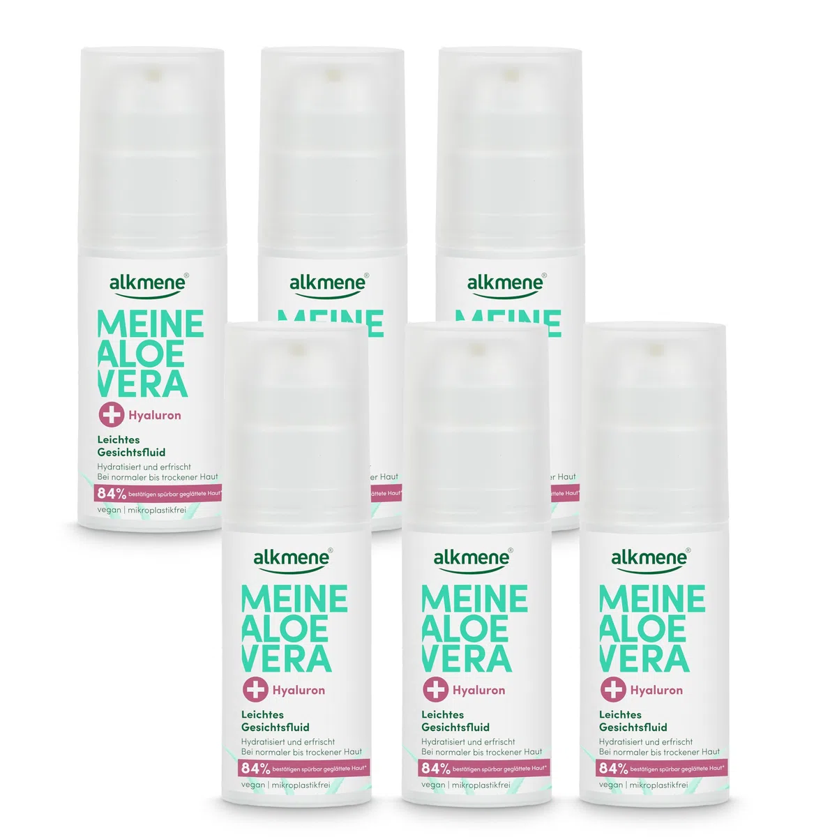 alkmene Aloe Vera Gesichtsfluid mit Hyaluron 6x 50 ml - vegan | Aloe Vera Gel Gesicht für normale bis trockene Haut - Feuchtigkeitscreme - Gesichtscreme, Alea Vera Gel, Aloeveragel