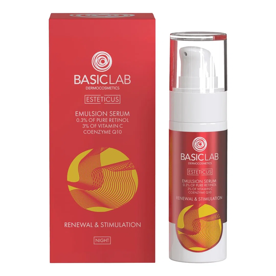 BasicLab Dermocosmetics Emulsion Gesichtsserum mit Retinol, Coenzym Q10 und Vitamin C | 15 ml | Anti-Falten Nachtserum für Frauen