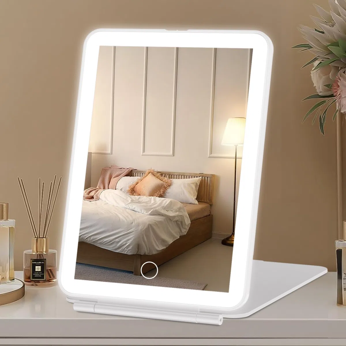 FASCINATE Kosmetikspiegel mit Beleuchtung, Wiederaufladbarer LED Schminkspiegel mit 3 Lichtfarben, Vergrößerungsspiegel Helligkeit einstellbar