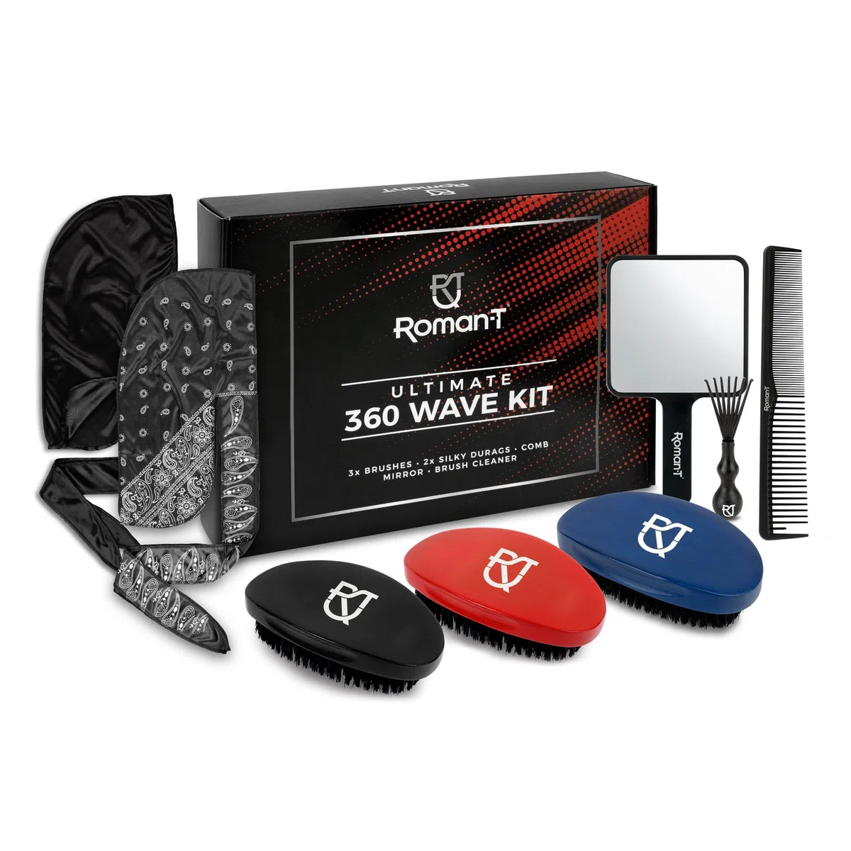 Roman-T 8-in-1 360 Wellenpinsel-Set – Pinsel-Set für 360 Wellen – 3 Wellenbürsten, weich, mittel & hart – 2 seidige Satin Durag – Schwarz & Schwarz Paisley, Handspiegel, Kamm, Haarbürstenreinige