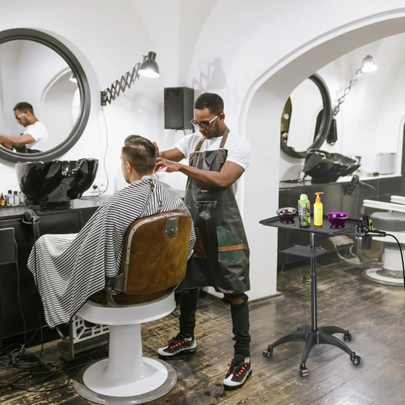 Salon Rollwagen mit Ablagefläche und Stauraum, aus Aluminium, höhenverstellbarer Tattoo-Tablettwagen mit Rädern, Zubehör für Salon- und Spa-Dienstleistungen, Schwarz