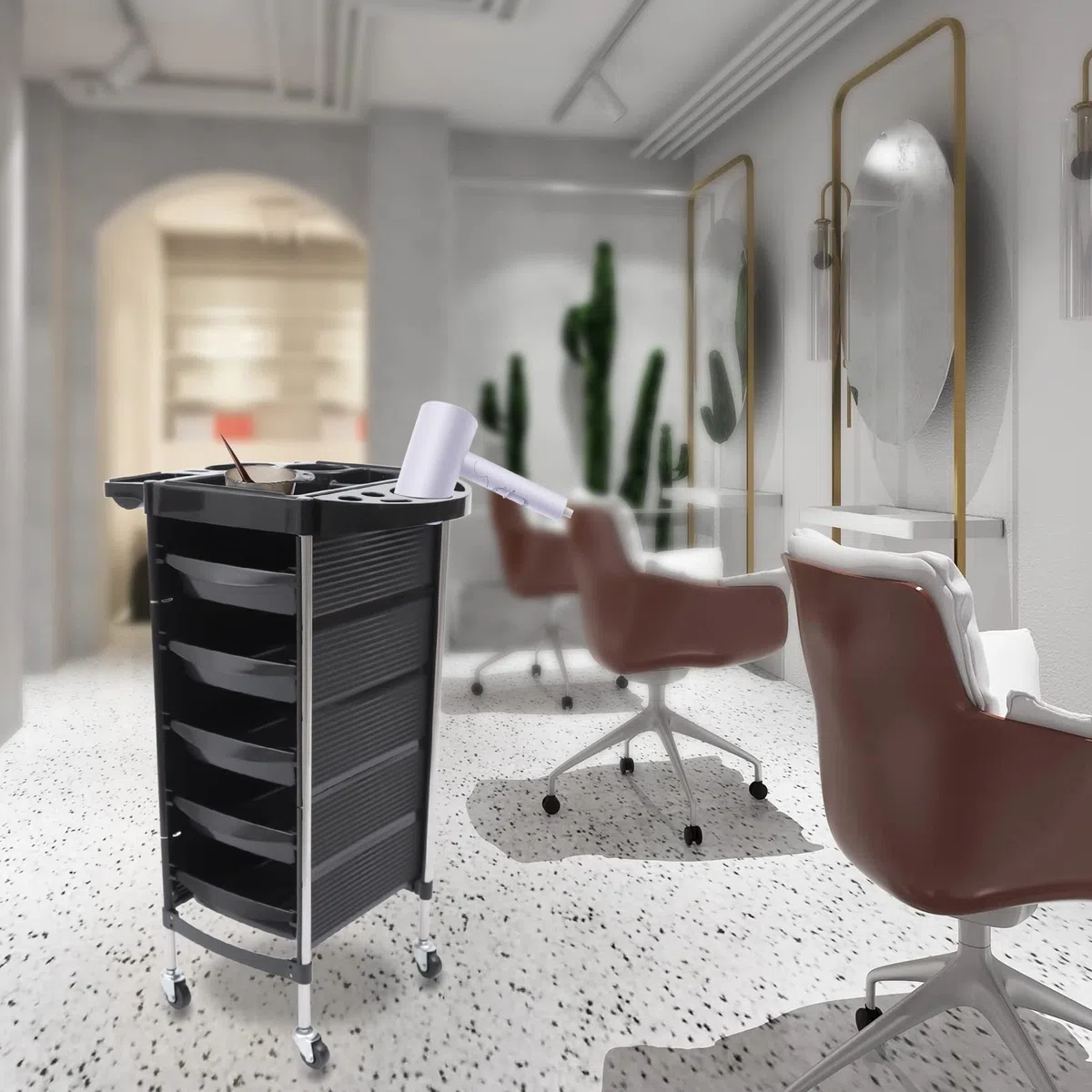 6 Etagen Friseurwagen, 53 * 37 * 90cm Salon Rollwagen Arbeitswagen mit 5 Schubladen und Föhn Rahmen, für Stylist, Friseur Haarstyling, Salon, SPA