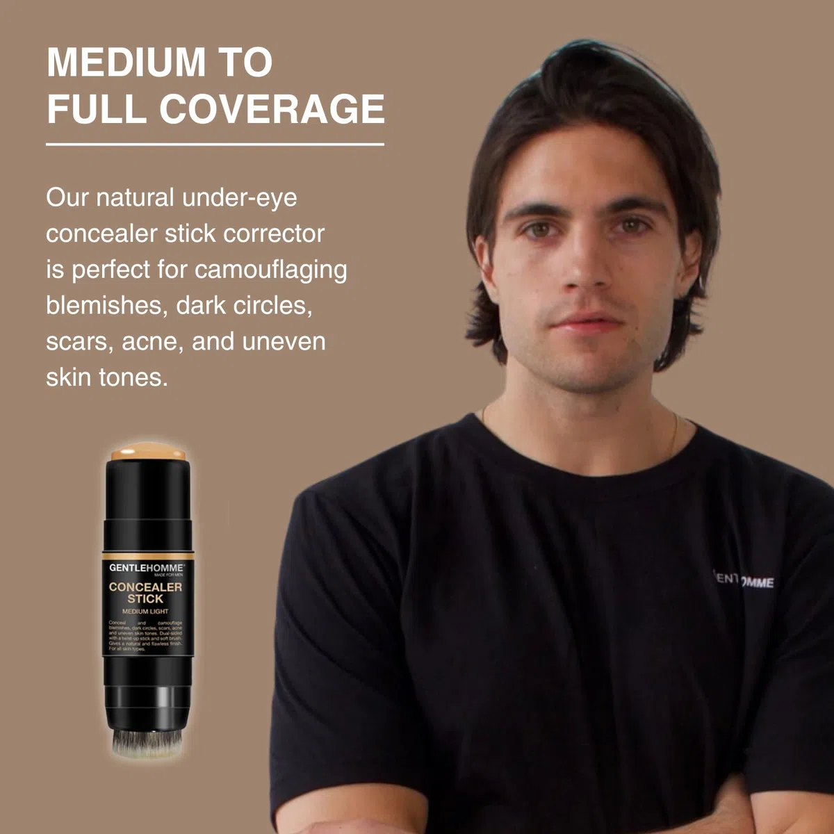Gentlehomme Concealer Stick für Herren mit Pinsel für Augenringe Radiergummi, Medium Light