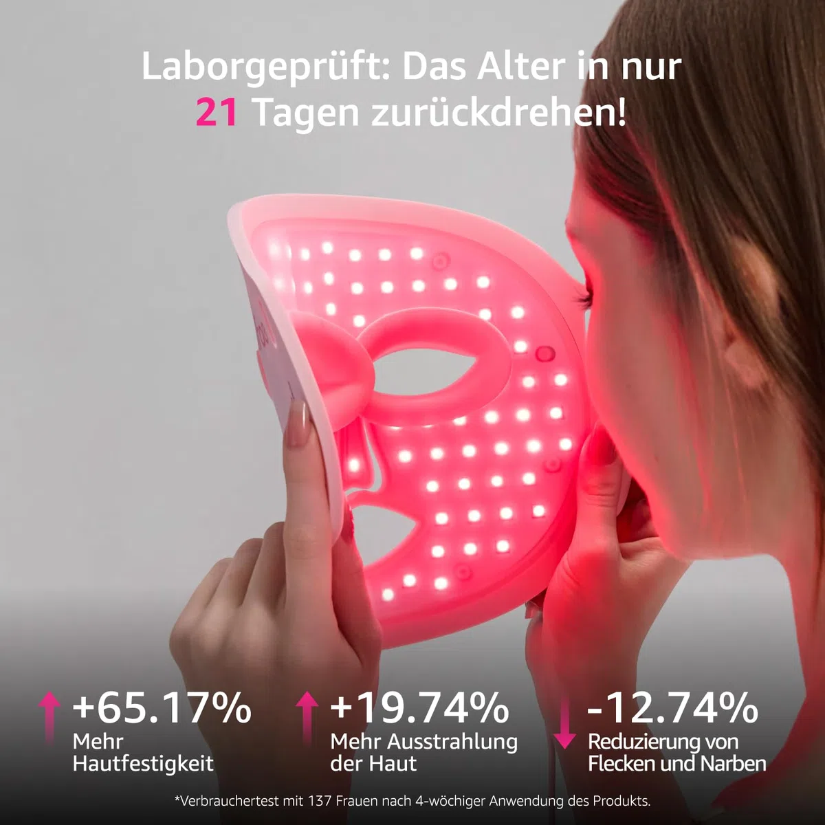 LED Gesichtsmaske aus Silikon, 7 Farben, 396 Chips, Kabellos, Wiederaufladbar, Timer (5/10/15/20), für alle Hauttypen (Pink)
