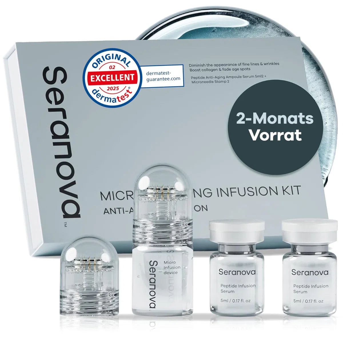 Seranova - Mikro-Infusion zur Hautpflege - mit Kollagen-Peptiden & Hyaluronsäure, Gesichtsserum und Stempel 0,05 mm (2 Monatsvorrat)