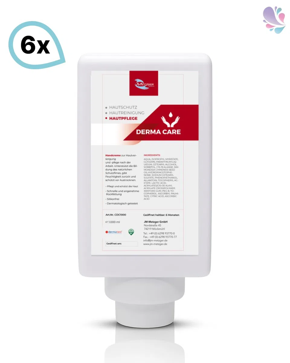 Derma Care Handcreme 6x1 Liter | Derma Care Handcreme für beanspruchte Haut, pH-neutral, silikonfrei und dermatologisch getestet