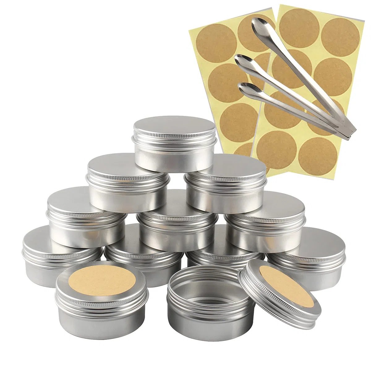 100 Stück Leere 80 ml Rund Silber Aluminium Tins Schraubdose Cremedose Alu-Tiegel Dosen mit Schraub-Deckel 5ml Aludose Blechdosen für Kosmetik Kerze Salben 3x Löffel, 100x Etikette