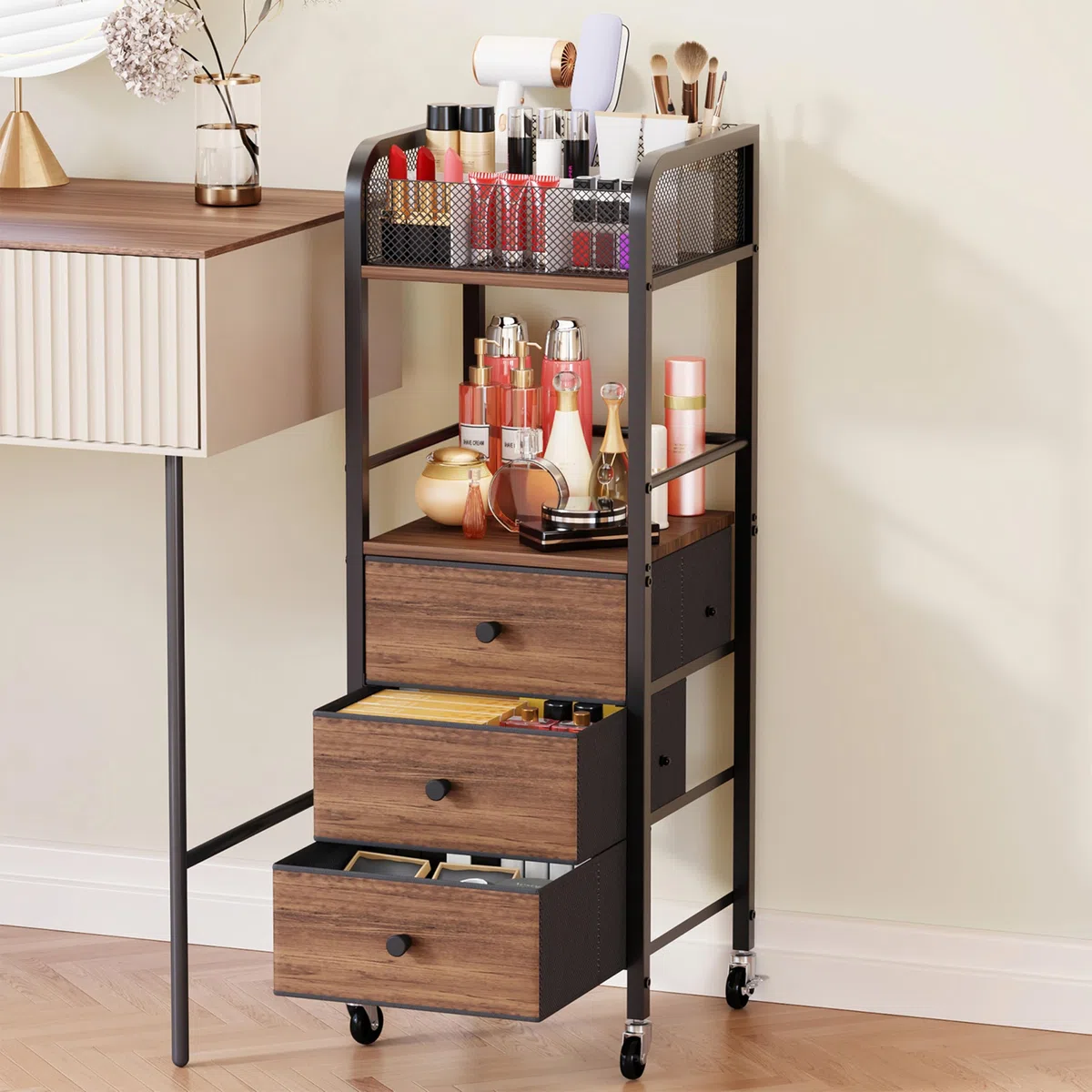 Kosmetik Rollwagen mit 3 Schubladen - Hautpflege Organizer für Kosmetikstudio, Parfüm, Nagellackbürste